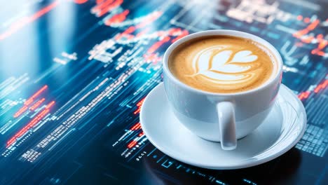 latte art on stock data. a white coffee cup sits on a table, featuring latte art, above vibrant stock market data and financial graphs.