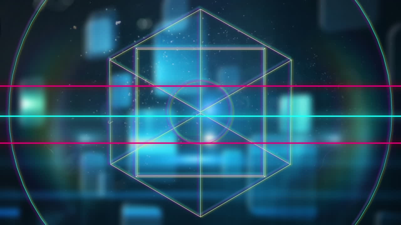 animación de líneas brillantes sobre figuras geométricas y focos en cuadrados azules fuera de foco