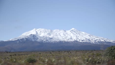 driving by mount ruapehu covered in white snow, bush passing by in front, motion blur