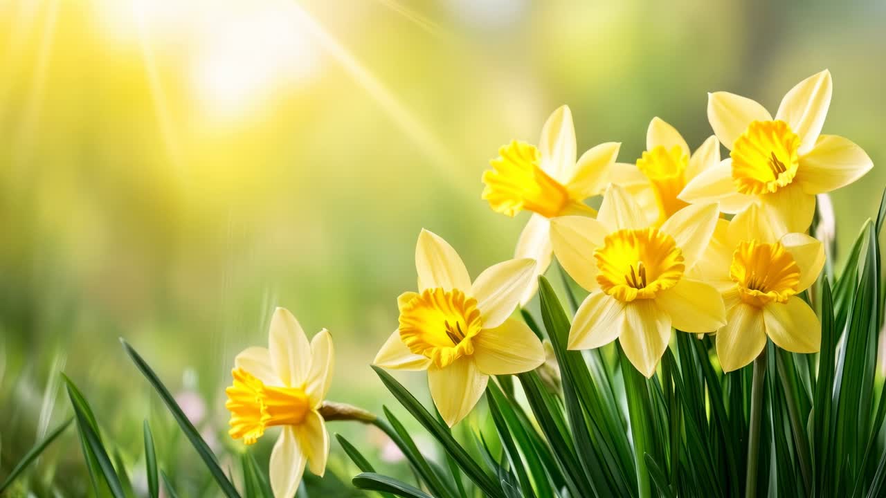 A serene video showcasing vibrant yellow daffodils in full bloom under warm sunlight