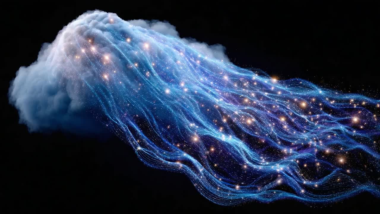 An ethereal cloud releases a cascade of shimmering light and particles into the abyss, blending colors and textures to create a mesmerizing flow of digital energy