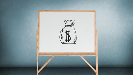 bolsa marrón con un signo de dólar en un tablero blanco
