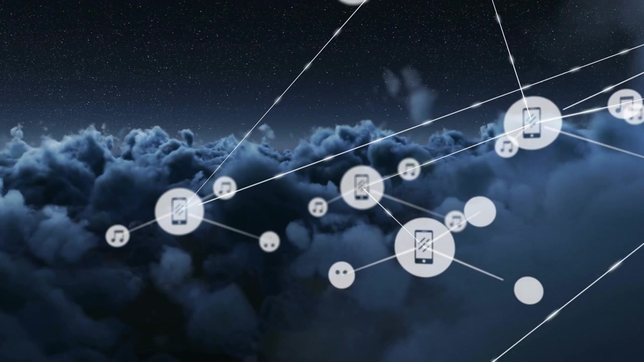 Digital Network Connecting Mobile Phones and Music Icons Above Clouds