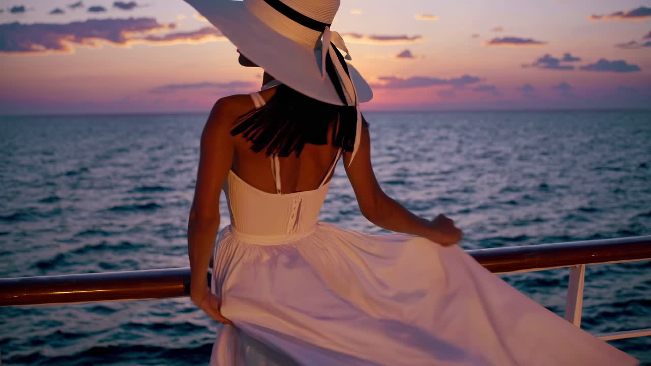 Una donna con un abito e un cappello bianchi guarda l'oceano al tramonto. Video girato da dietro all'altezza degli occhi.