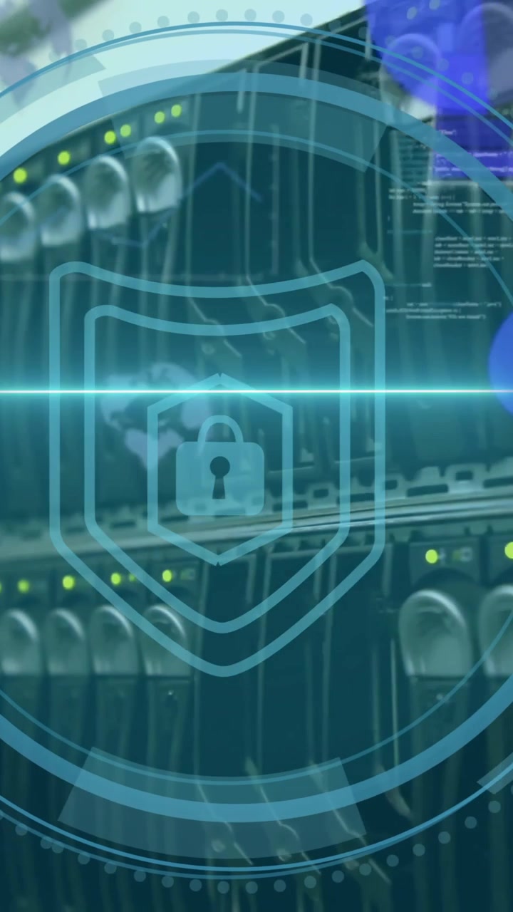 Animation of padlock and shield icon on security scanner interface and data processing over server