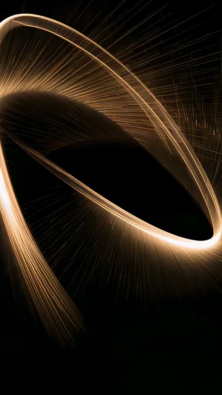 Vídeo vertical: fita dourada giratória começando em um loop inclinado, transformando-se no vazio e emitindo faíscas