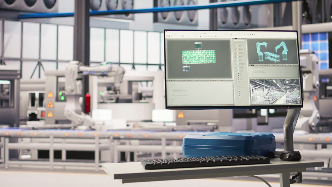 Vertical video Robotics software on screen in smart factory used to inspect machinery