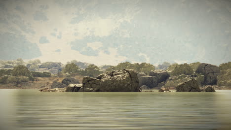 lago tranquilo con afloramiento rocoso