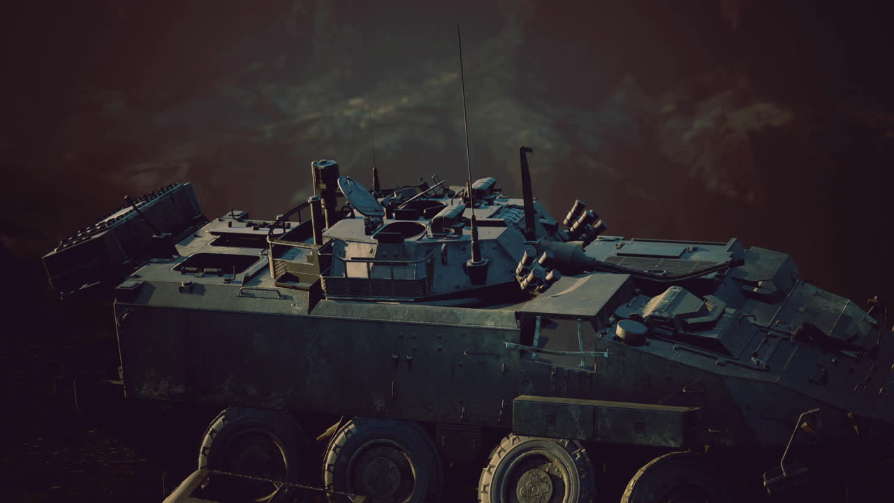 Military vehicle parked at dusk in a rugged terrain under a dramatic sky