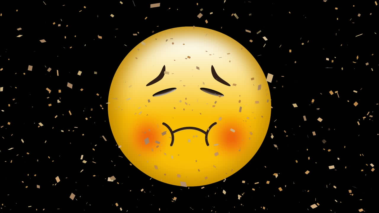 검은색 배경의 아픈 얼굴 이모티에 반해 떨어지는 황금 콘페티의 디지털 애니메이션