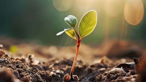 small plant emerging from the soil at sunset, basking in warm light, representing new life, growth, and a hopeful future filled with promise and potential