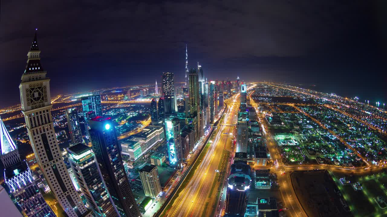 luce notturna città di dubai traffico principale strada tetto panoramico superiore 4k time lapse emirati arabi uniti