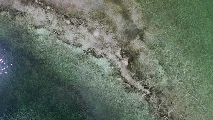 An aerial shot looking straight down over a mangrove island