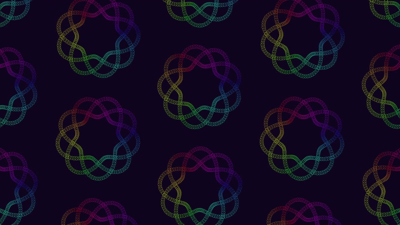 A colorful and dynamic circular pattern with connected circles, arranged in a spiral form on a black background. The design features various sized circles
