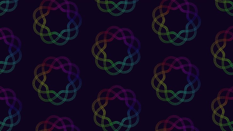 A colorful and dynamic circular pattern with connected circles, arranged in a spiral form on a black background. The design features various sized circles
