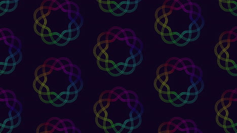 a colorful and dynamic circular pattern with connected circles, arranged in a spiral form on a black background. the design features various sized circles