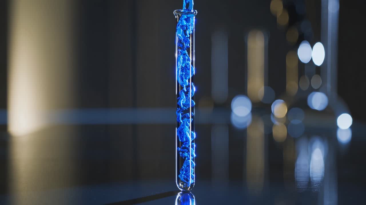 A close-up video shot of a test tube with glowing blue liquid, captured at eye level