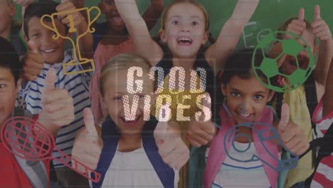 Animation-of-good-vibes-text-with-diverse-schoolchildren-smiling