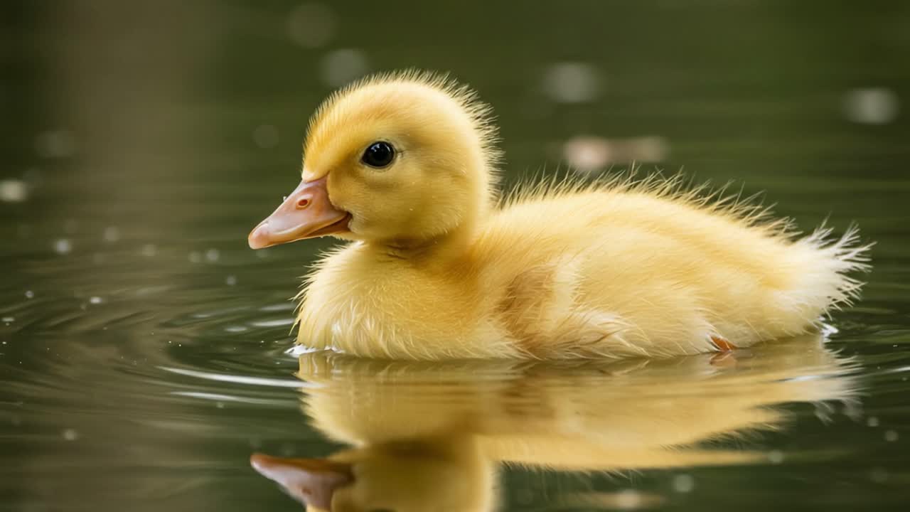 A Charming Yellow Duckling Swimming Gracefully in a Serene Pond, Capturing the Beauty of Nature and Innocence in Its Fluffy Appearance and Reflective Surroundings