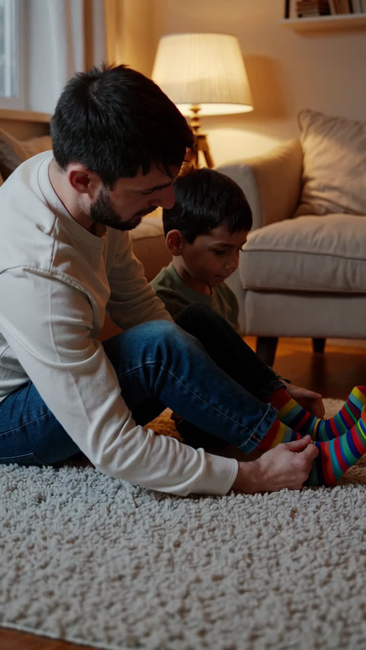 Father helping his child put on colorful socks