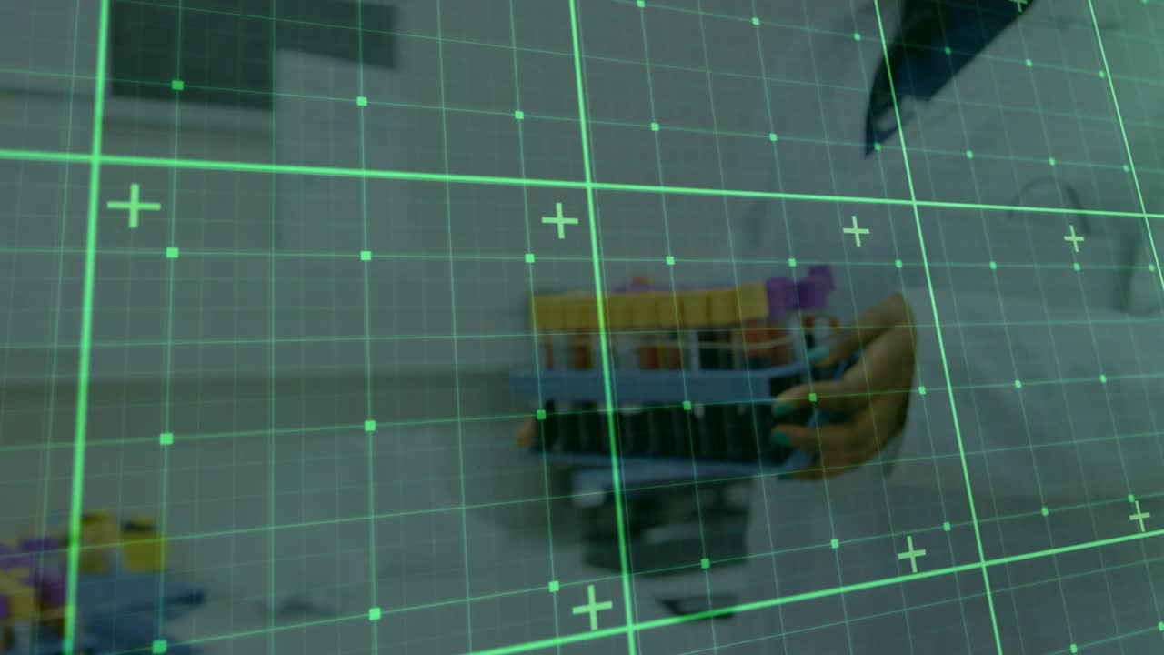 Lab technician shifting grip, rotating tube rack in clinical lab, HUD grid fixed scanning samples