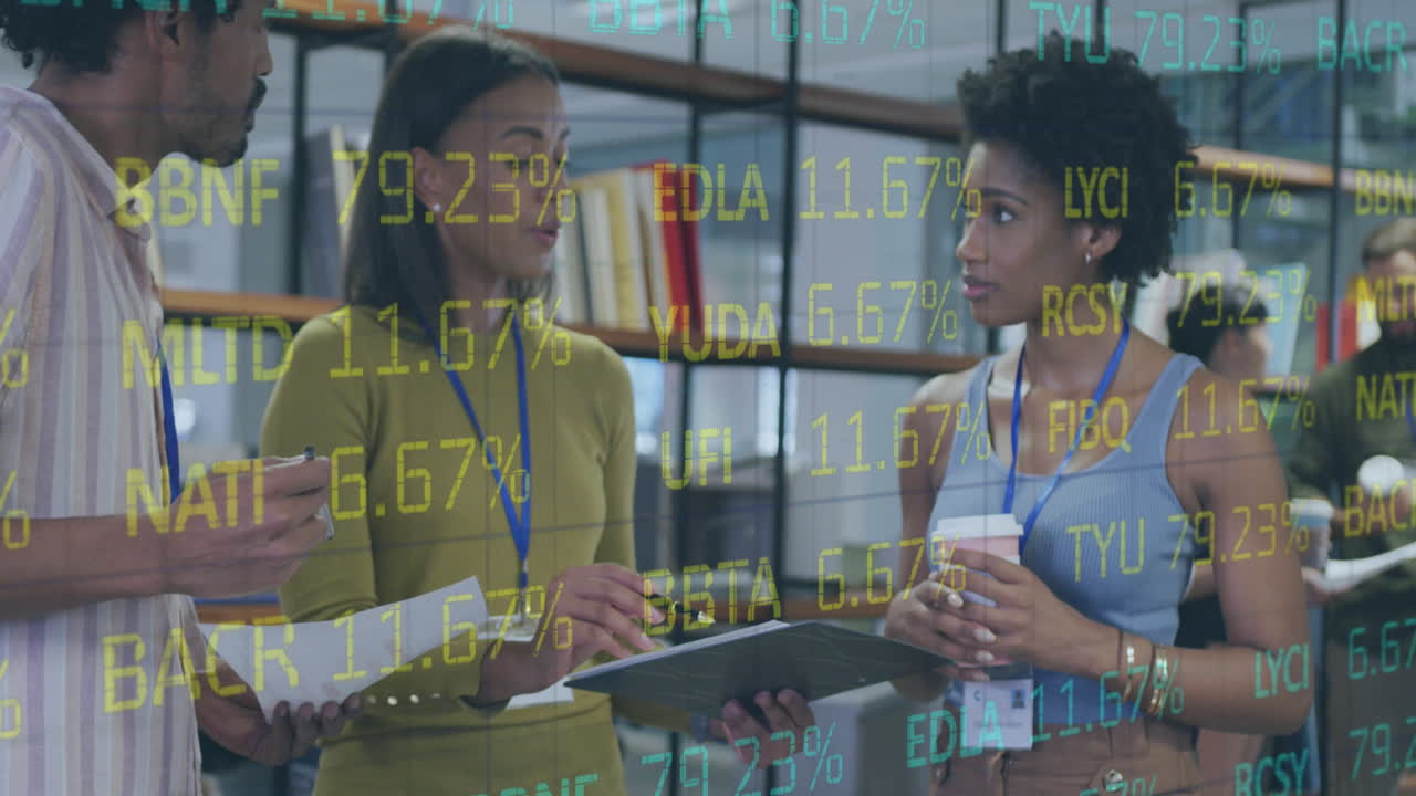 Animation of financial data processing over diverse business people working at office