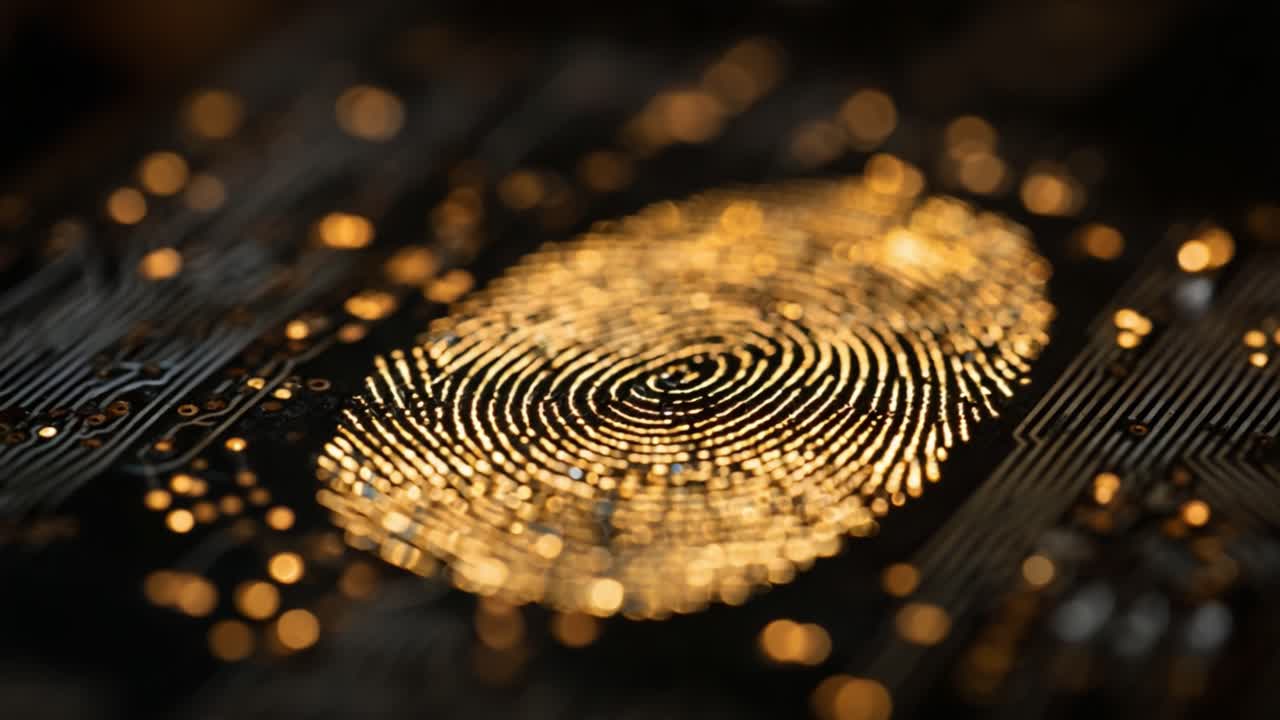 Intricate Patterns of a Golden Fingerprint Revealing the Intersection of Technology and Identity in a Stunning Macro Shot