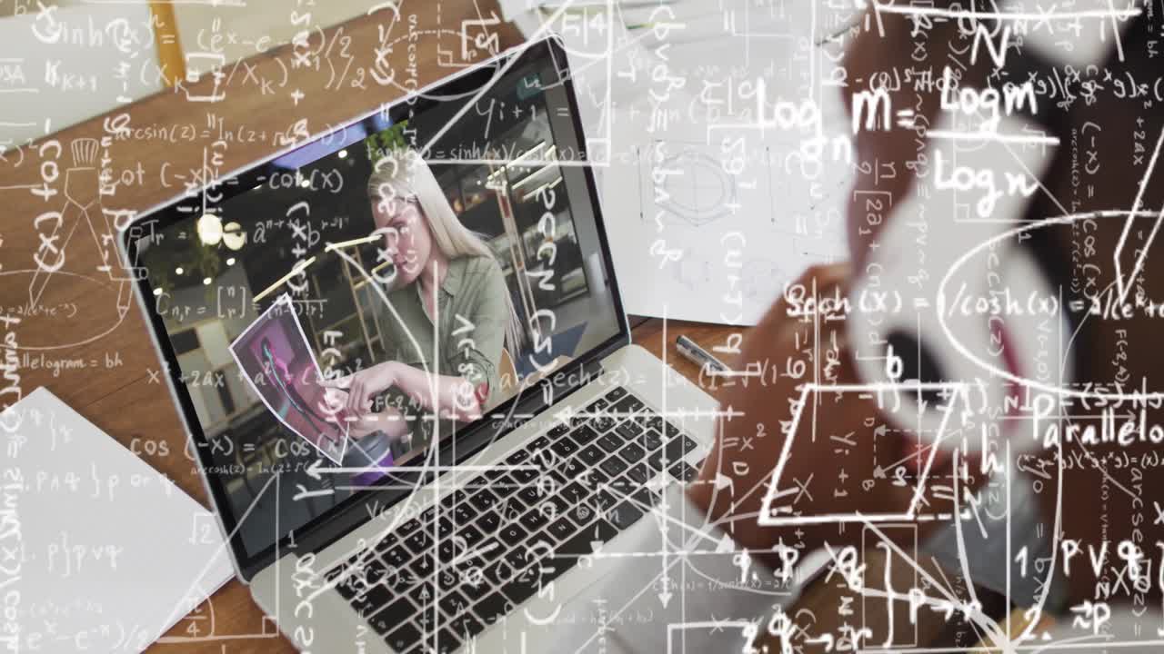 Animation of mathematical equations over african american boy having school video call