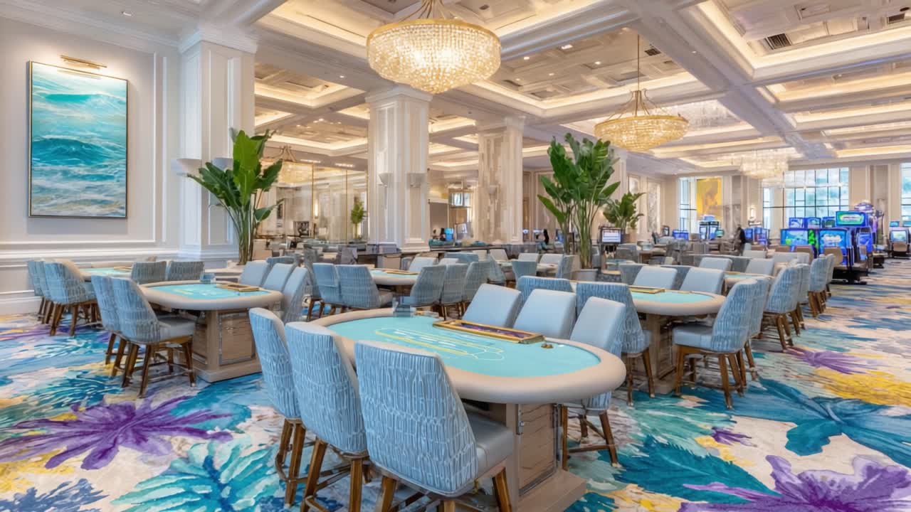 Luxurious Casino Interior Featuring Elegant Game Tables, Vibrant Floral Carpets, and Opulent Chandeliers in a Spacious and Bright Gaming Environment