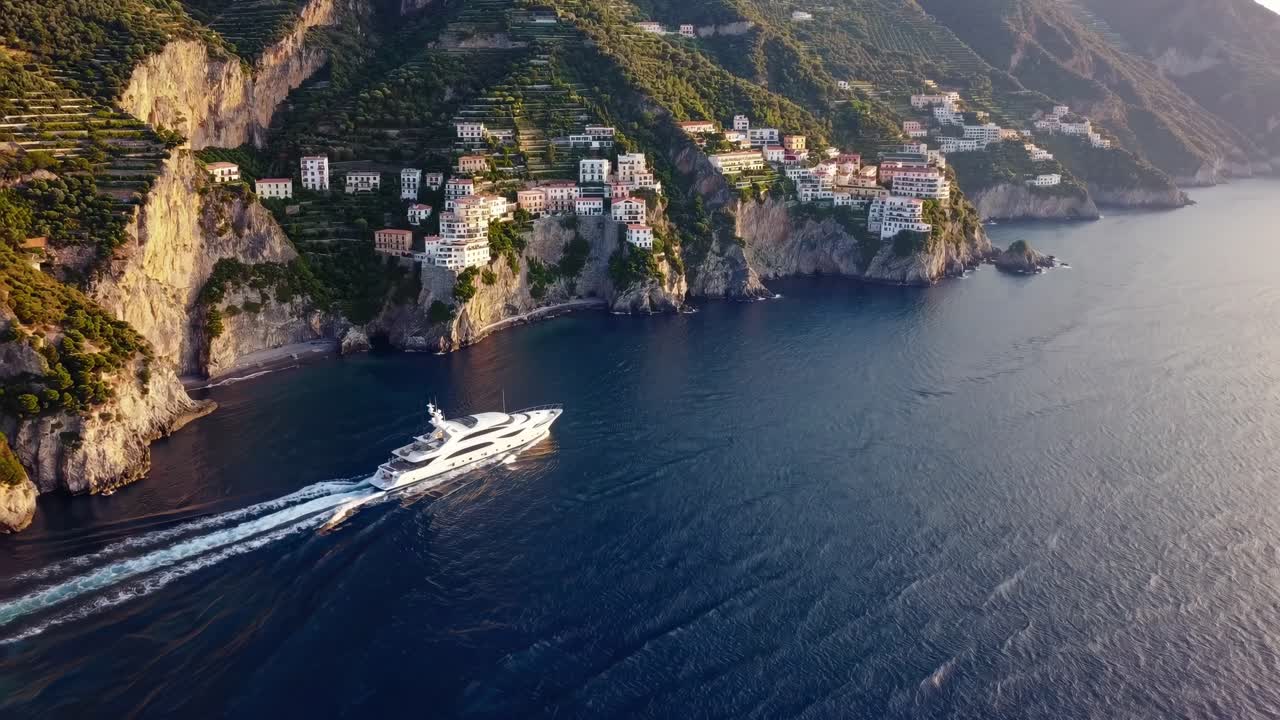 Gleaming white luxury yacht navigating crystal clear Mediterranean waters, gliding past picturesque coastal village perched dramatically on rocky cliff under golden sunlight