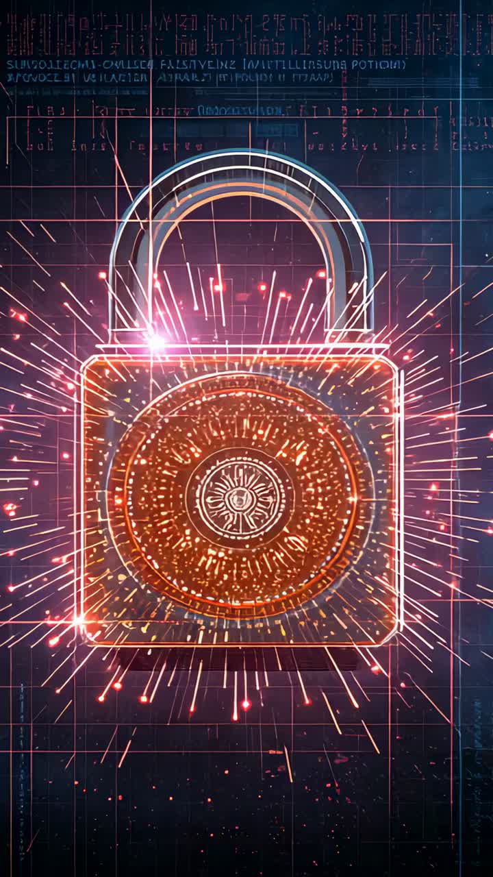 Vertical video: Starting, lock pulsing, sending sparks on cyber backdrop with disc, code UI markers