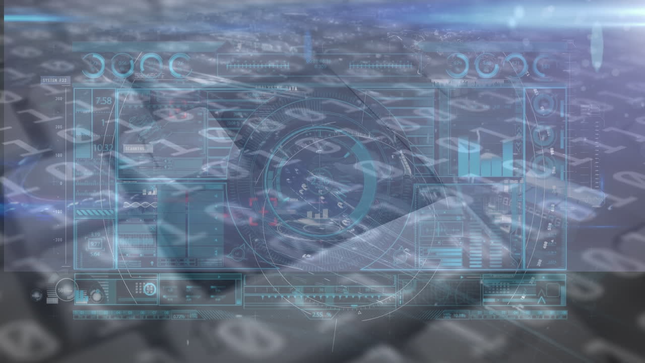 바이너리 코딩의 애니메이션, 빛나는 컴퓨터 회로판에서 데이터 처리