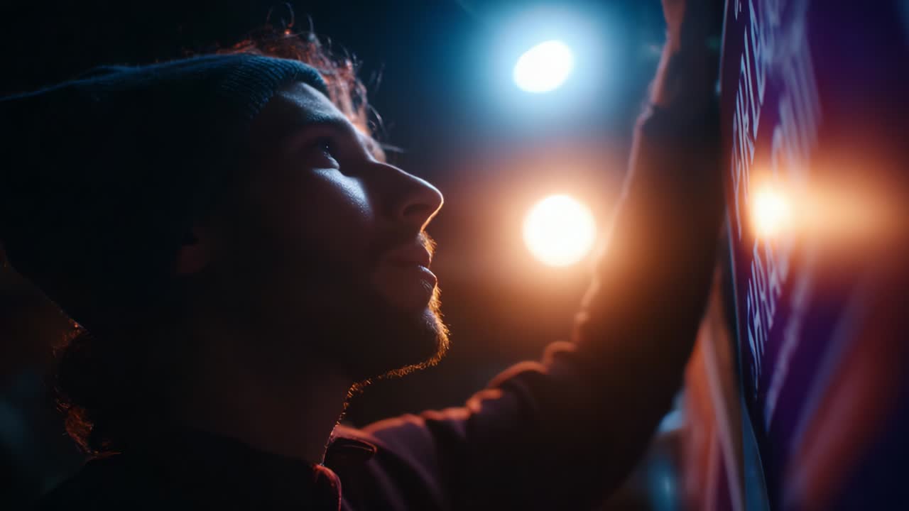 A contemplative individual deeply focused on creatively engaging with a poster, illuminated by vibrant lights, showcasing the intersection of artistic expression and personal reflection in a dynamic environment