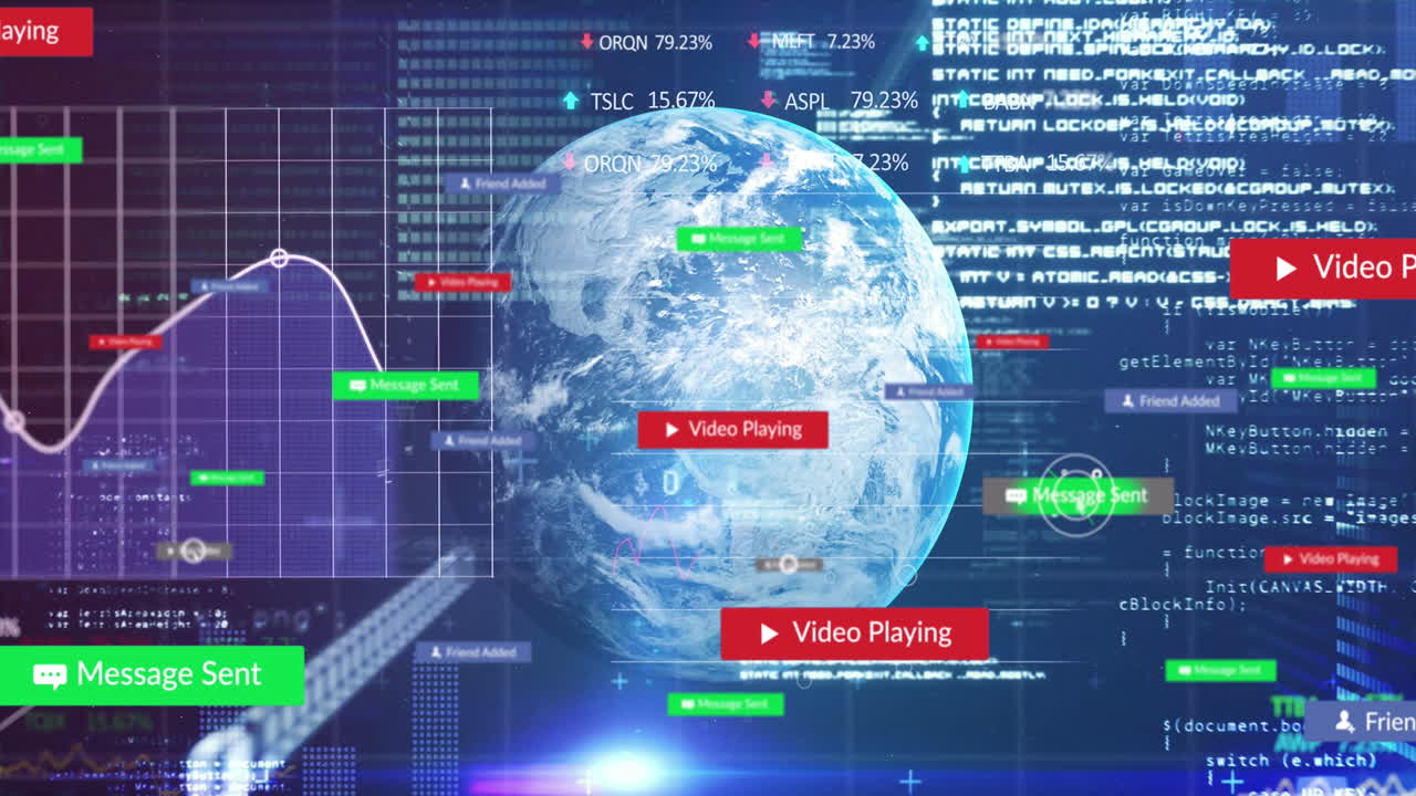 데이터 프로세싱과 글로브에 대한 배너에 대한 소셜 미디어 텍스트의 애니메이션