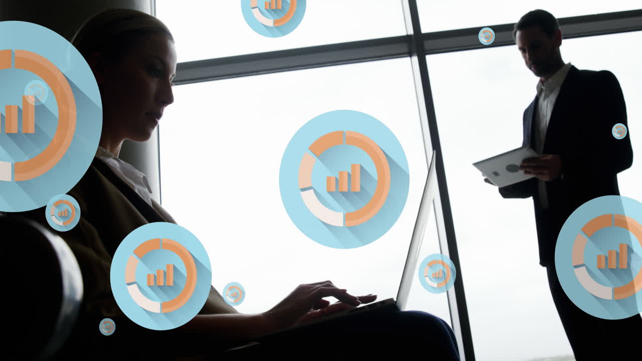 Animation of digital icons with data processing over diverse business people in office