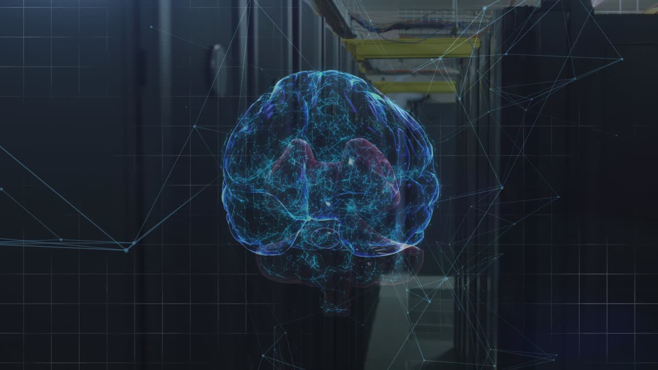 Animation of network of connections and brain over server room