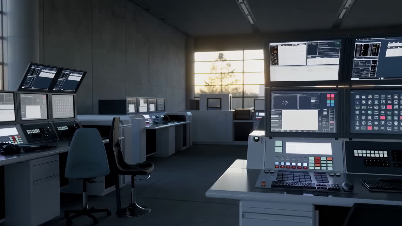 Control Room with Computer Monitors and Workstations