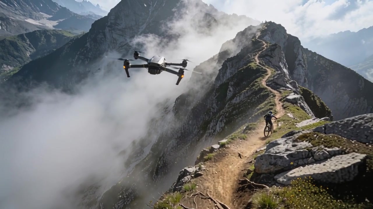Drone sendes op og sporer en cykelrytter, der cykler på en bjergrygsti iført hjelm, og fanger udsigten over dalen.
