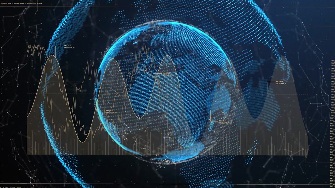 Pistematriisimaapallo pyörii datapulssin päällä, rengas siirtyy ja aaltomuoto nousee näyttääkseen globaaleja trendejä.