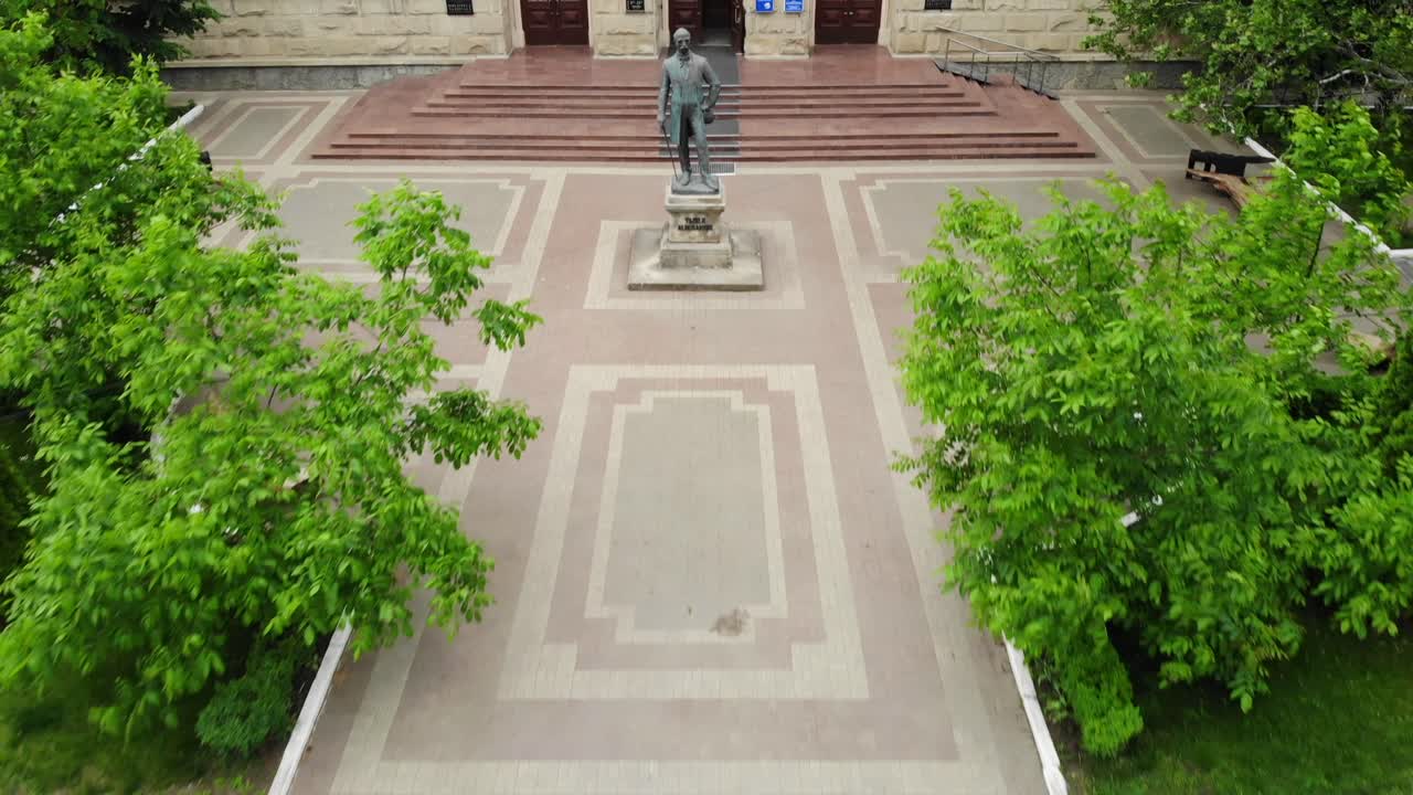 Aerial drone shot of National Library of Moldova in center of the Chisinau city