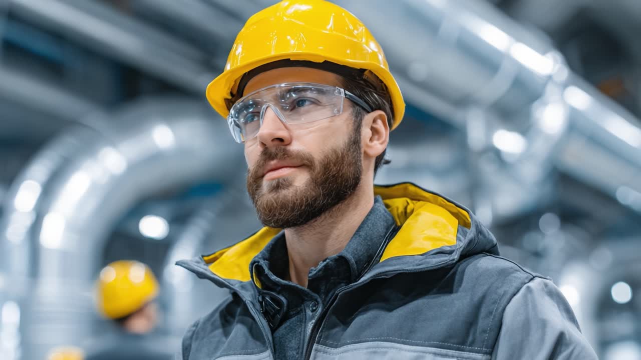 Focused Worker in Safety Gear: A Professional Man with a Yellow Hard Hat and Protective Eyewear in a Modern Industrial Setting Amidst Metallic Pipelines