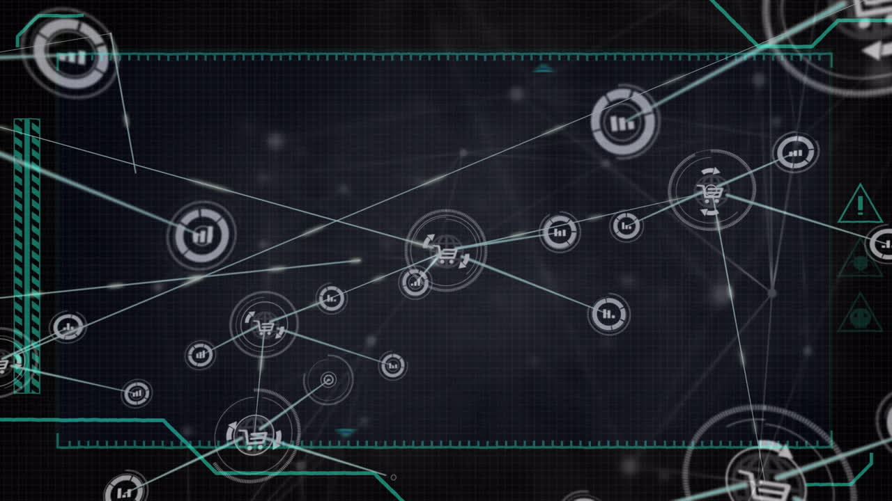 Animation of connected icons over danger signs and connected dots against abstract background