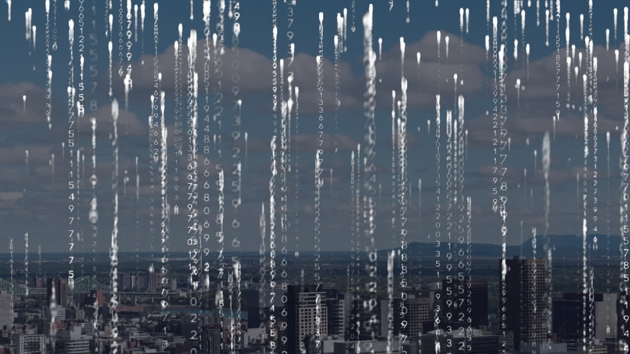 도시 풍경 위의 데이터 처리 애니메이션