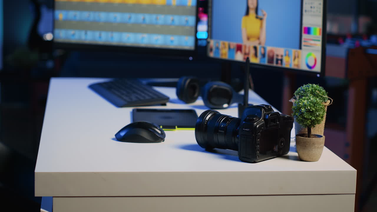 Photography organizing program displayed on multi monitors PC setup on media agency desk