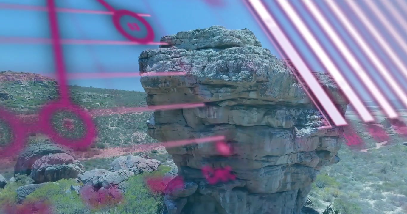 Pink overlays sliding in, camera panning right, revealing rock while showing chart labels
