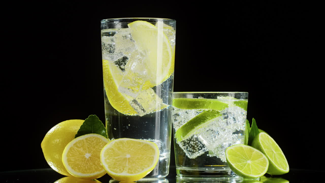 Rinfrescante acqua frizzante con fette di limone e lime su sfondo nero