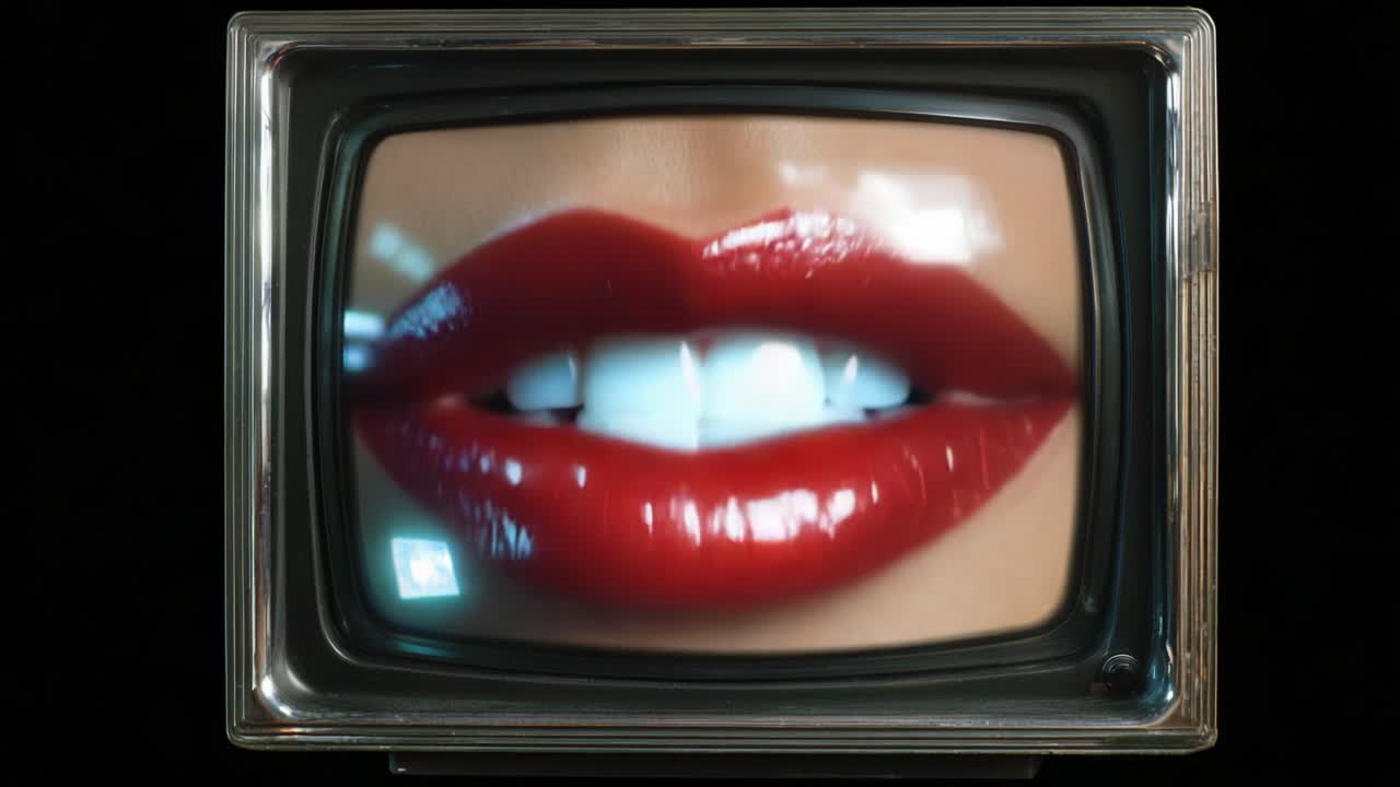 Vintage bir televizyon ekranında yakalanmış, cesur ve çarpıcı bir görünüme sahip parlak kırmızı dudakların yakın çekimi, güzelliği ve görsel etkiyi vurguluyor.
