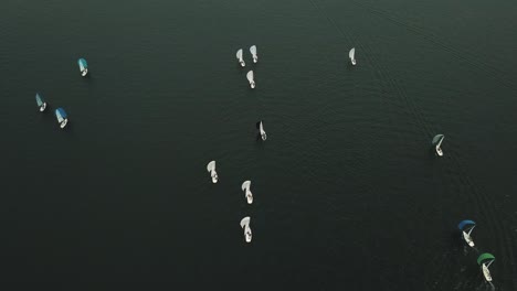 una amplia toma de un dron de una docena de veleros en la regata del lago constance