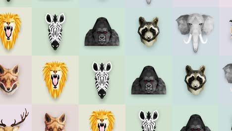 colección de diferentes animales. símbolo del zoológico. iconos de polígono bajo. león, gorila, cebra, mapaches, zorro, elefante, ciervo, búho. conjunto de animación de bucle geométrico.