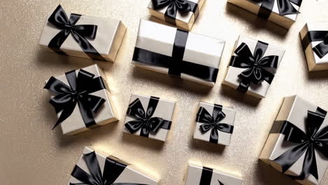 elegant gift boxes with black ribbons on shimmering golden background